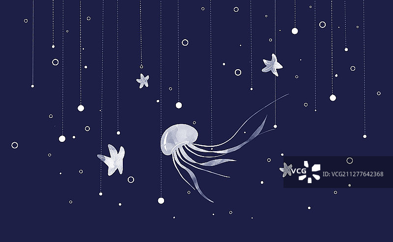 有海星水母的海底世界 手绘浪漫风格装饰插画图片素材