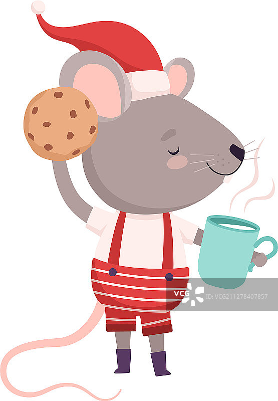 可爱的老鼠戴着红色的圣诞老人帽，还有茶杯和茶图片素材