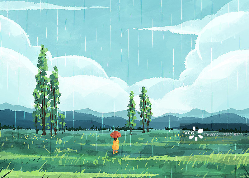 四季的色彩景观节气插画雨水横版图片素材