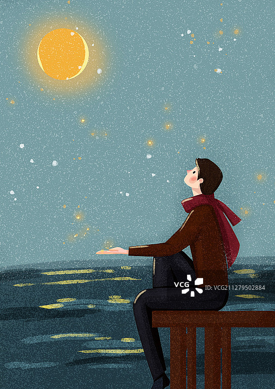 仰望月亮的海边男孩插画图片素材