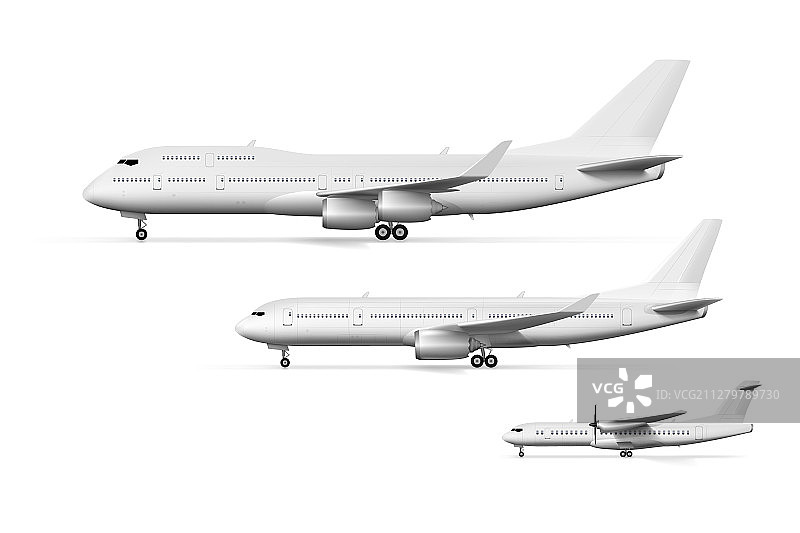 空白白色飞机或客机侧面视图集图片素材