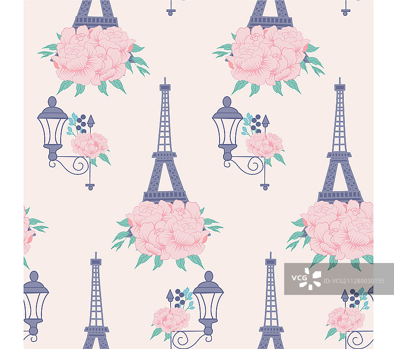 粉红色的牡丹，巴黎和灯笼在一个无缝图片素材