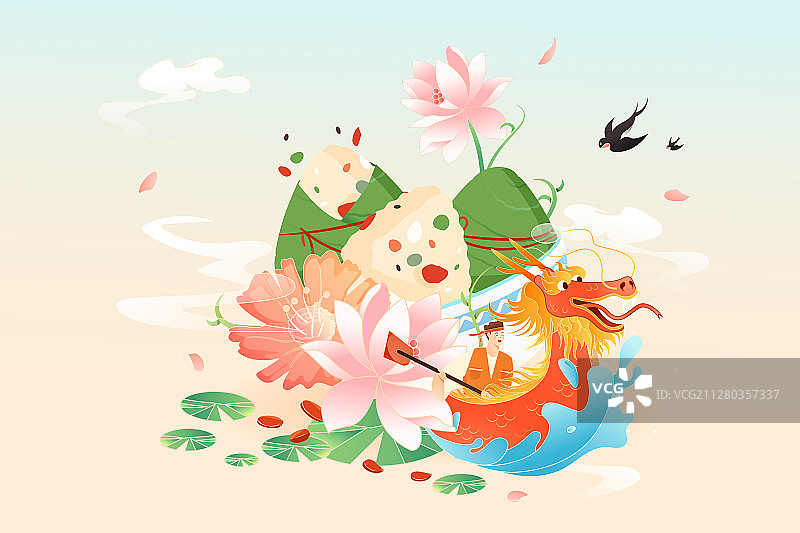 卡通端午节粽子赛龙舟传统节日习俗礼盒包装中国风背景矢量插画图片素材