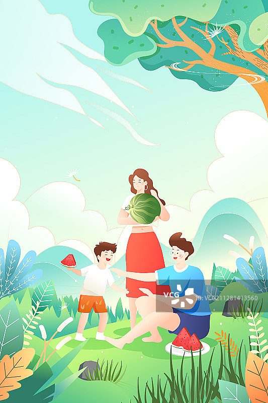 家人亲子游出游旅行夏季解暑西瓜水风车风景矢量插画图片素材