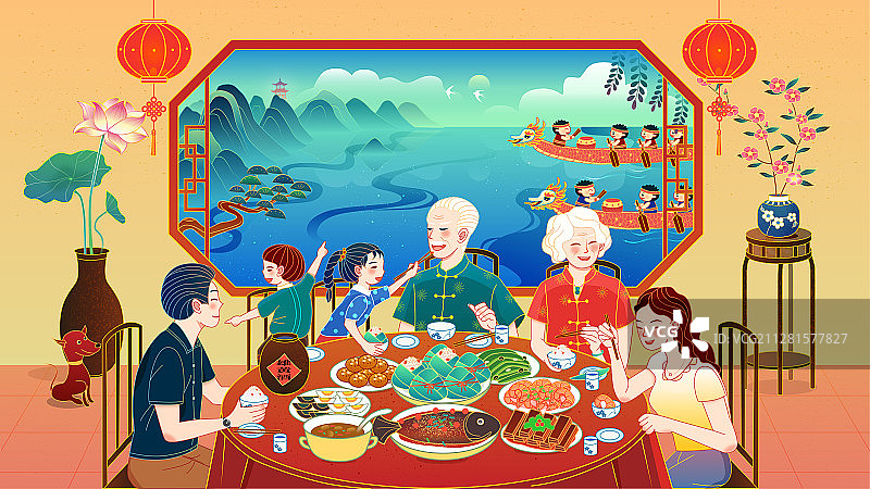 端午节合家团聚吃粽子国潮矢量插画图片素材