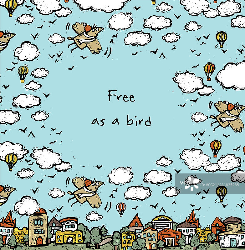 自由的框架，飞翔的鸟，天空的云，卡片或海报图片素材
