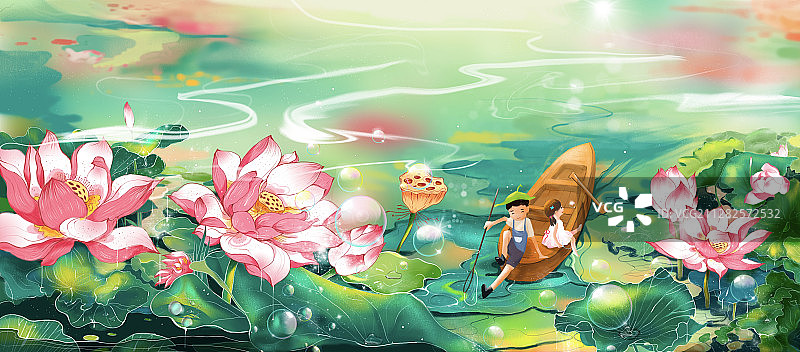 中国风夏日池塘荷花插画图片素材