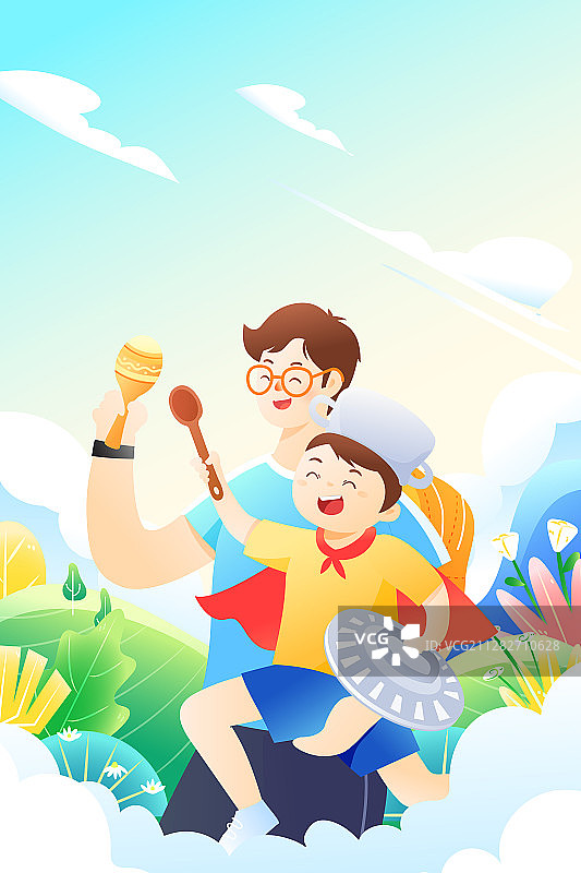 夏季儿童节父亲节亲子出游旅行踏青游玩活动渐变矢量插画图片素材
