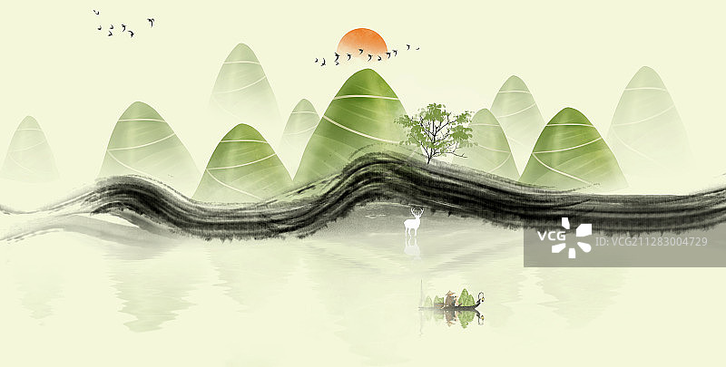 手绘端午节粽子山水插画图片素材