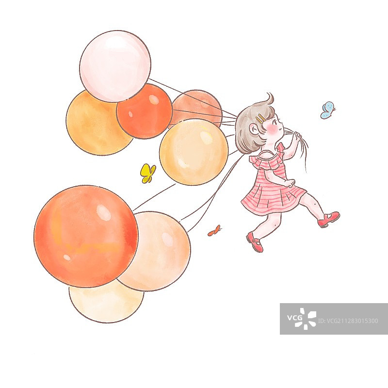 拿着气球奔跑的小女孩插画图片素材