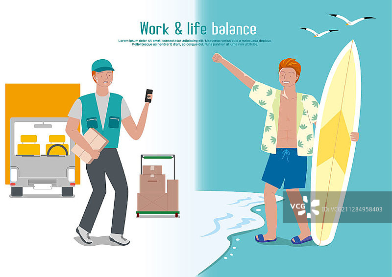 矢量插图的工作和平衡交付人和人持有冲浪板图片素材