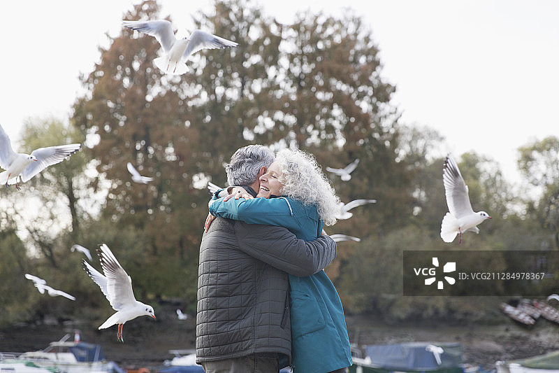 微笑，深情的老夫妇在公园与飞翔的鸟儿拥抱图片素材
