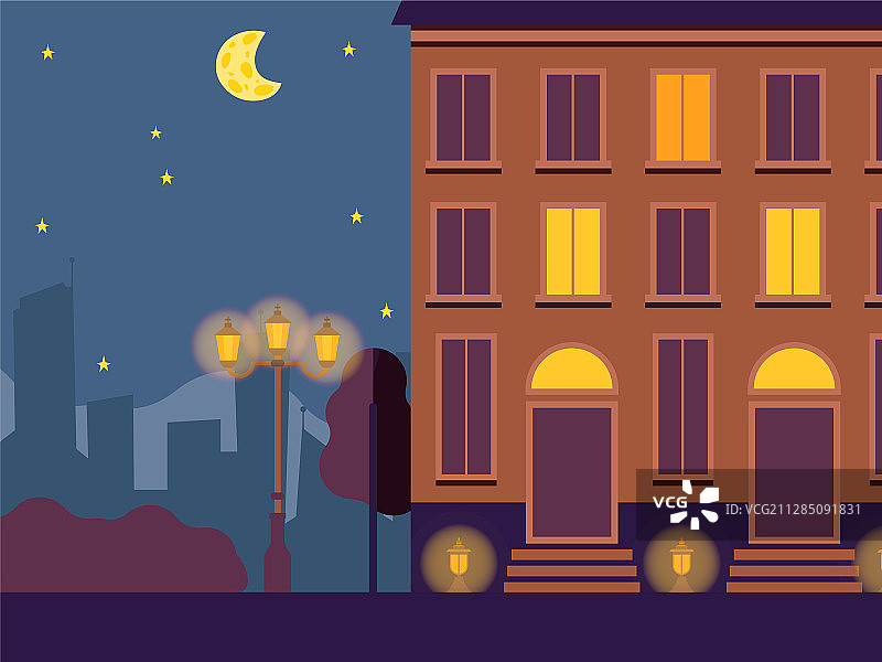 夜晚城镇街灯在房子的窗户图片素材