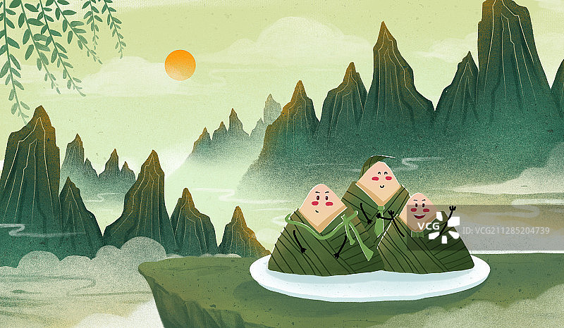 国风端午节一盘可爱的粽子和诗意绿色山水图片素材
