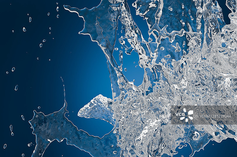 飞溅的水花与蓝色背景 3D渲染图片素材