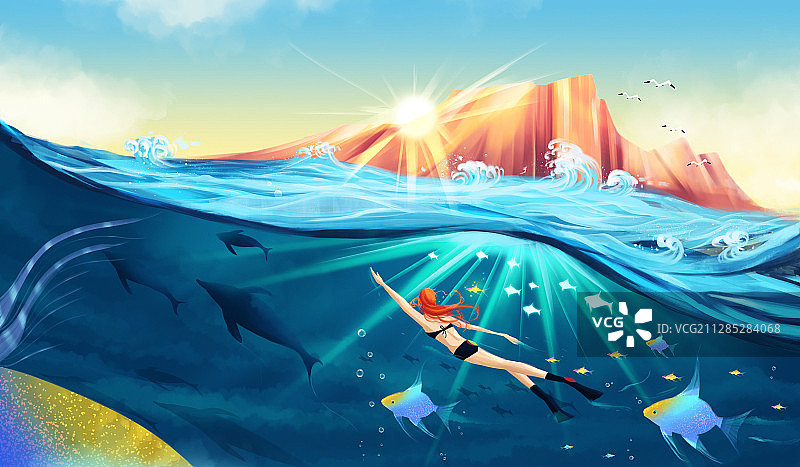 夏季在海里潜泳的女人创意插画图片素材