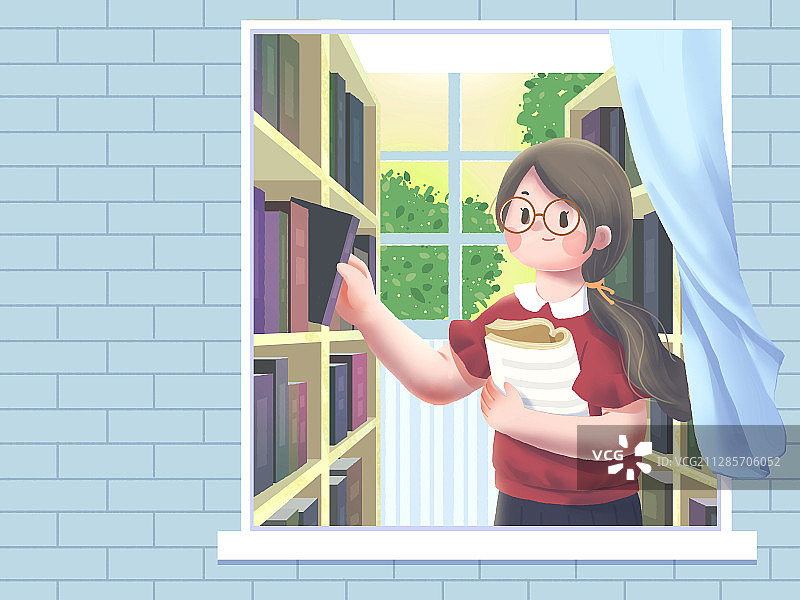 小清新图书馆书架旁戴眼镜的女孩插画图片素材