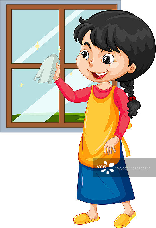 女孩在单独的背景上清洗窗户图片素材