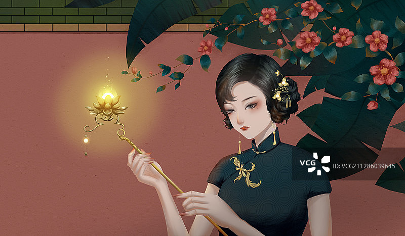 容颜秀美的女人拿着莲花灯沉思中国风插画图片素材