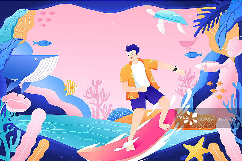 冲浪夏季夏日度假旅游购物节电商促销活动矢量插画图片素材