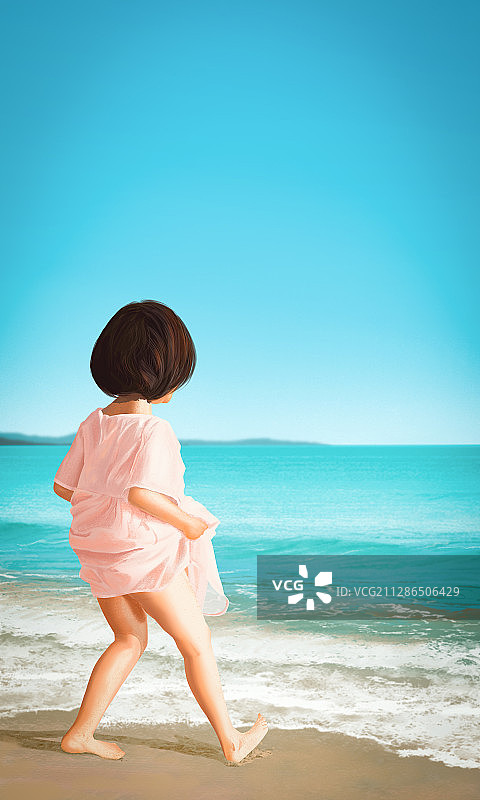 海边沙滩小女孩光脚玩耍图片素材