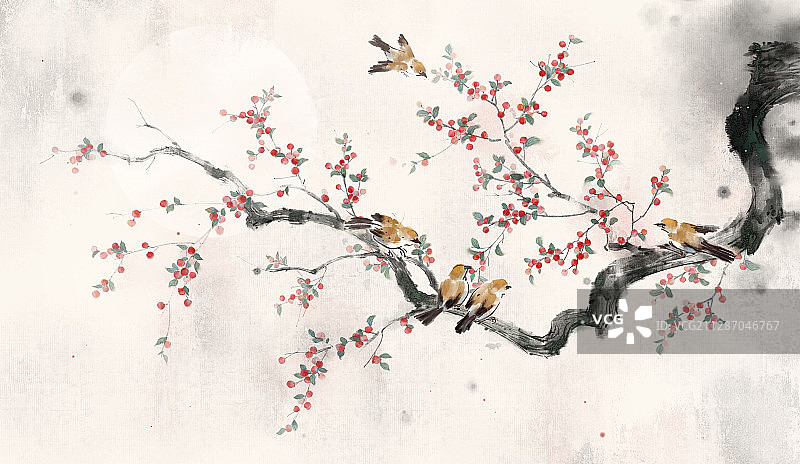相思红豆树枝中国风水墨水彩插画插图图片素材