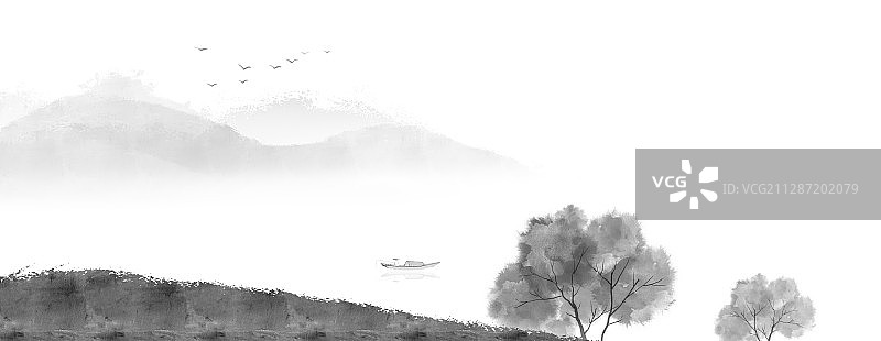 水墨中国画远山孤舟图片素材