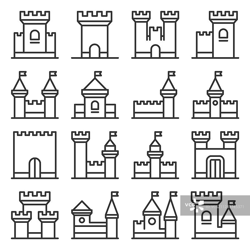 城堡图标设置在白色背景线风格图片素材