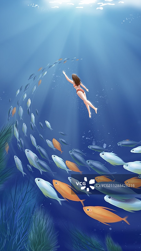 海底的女潜水员与鱼群插画图片素材