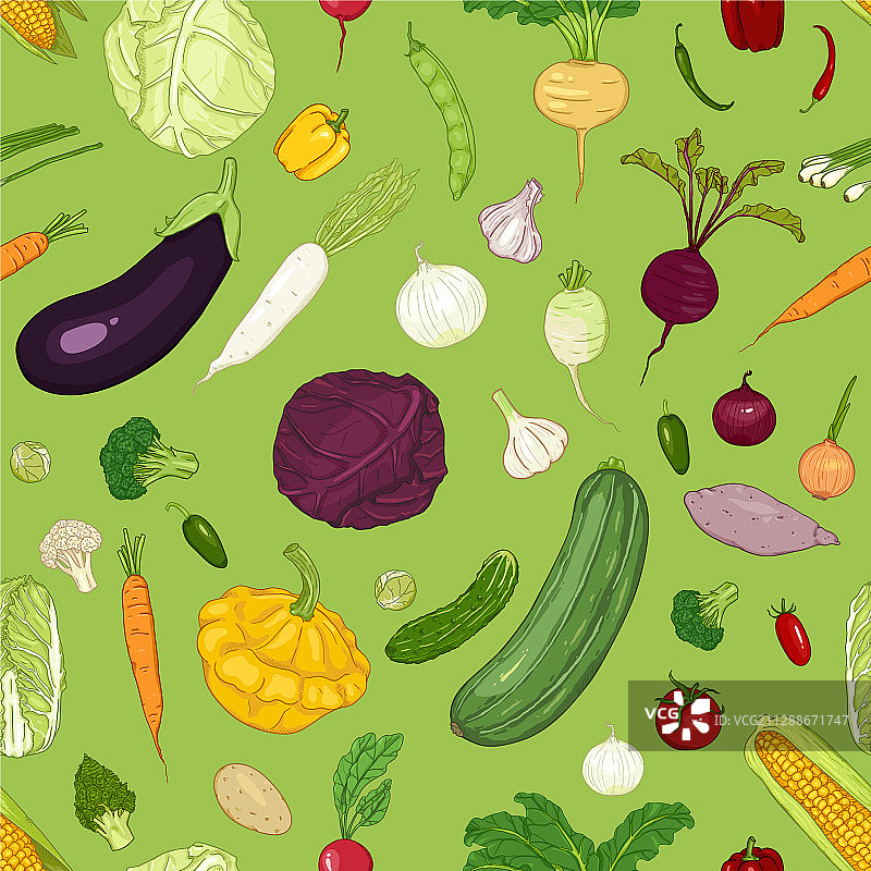 无缝图案卡通蔬菜上的绿色图片素材