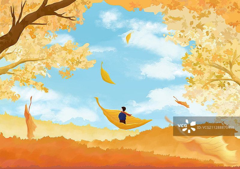 男孩站在飘落的树叶上秋天场景插画图片素材