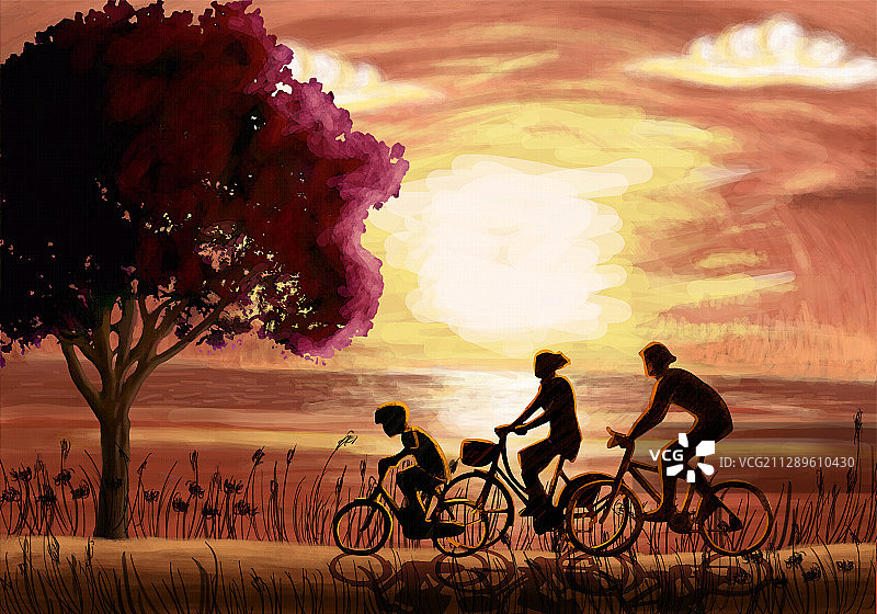 日落时分一家人在海滩上骑自行车的插图图片素材