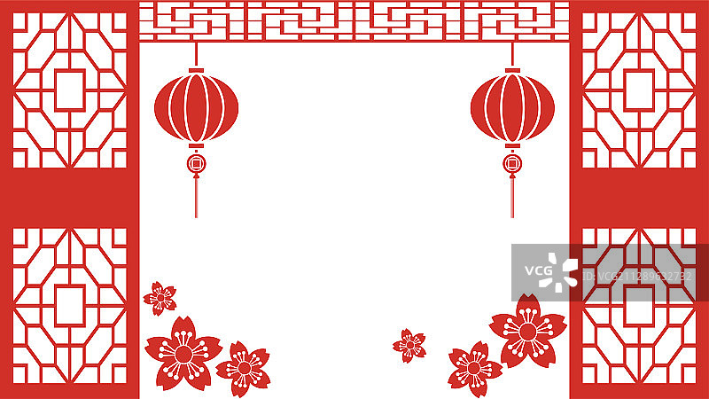春节门窗与红灯笼剪纸风矢量插画图片素材