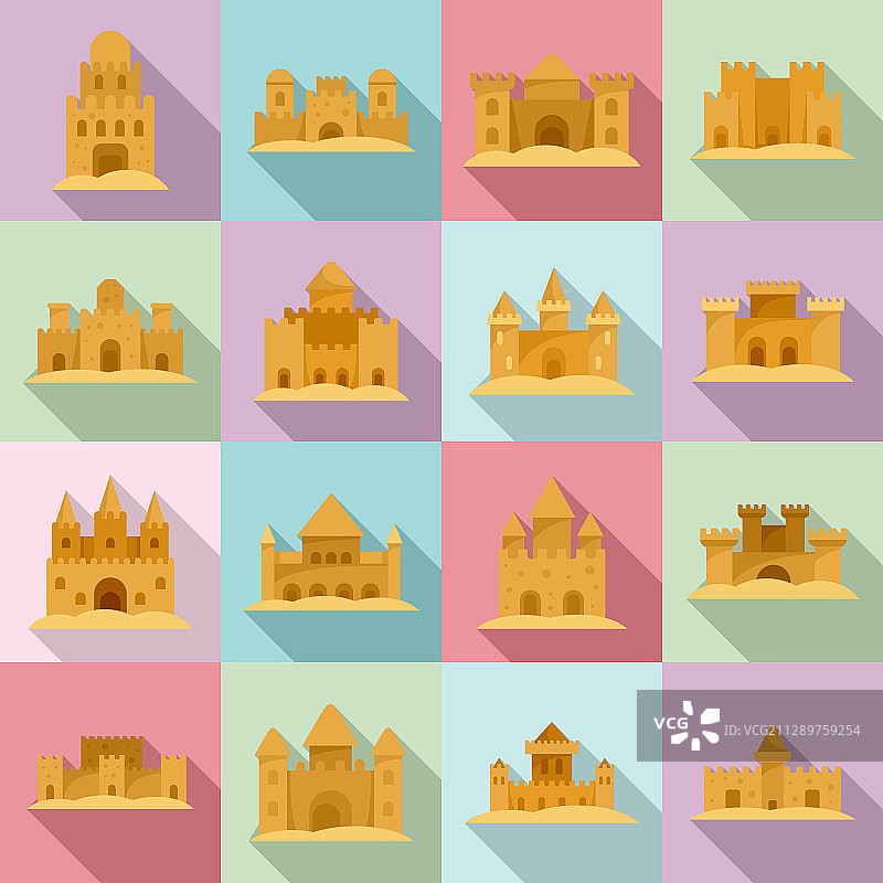 城堡沙图标设置平坦风格图片素材