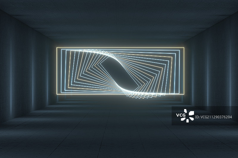 霓虹灯光与混凝土隧道 3D渲染图片素材
