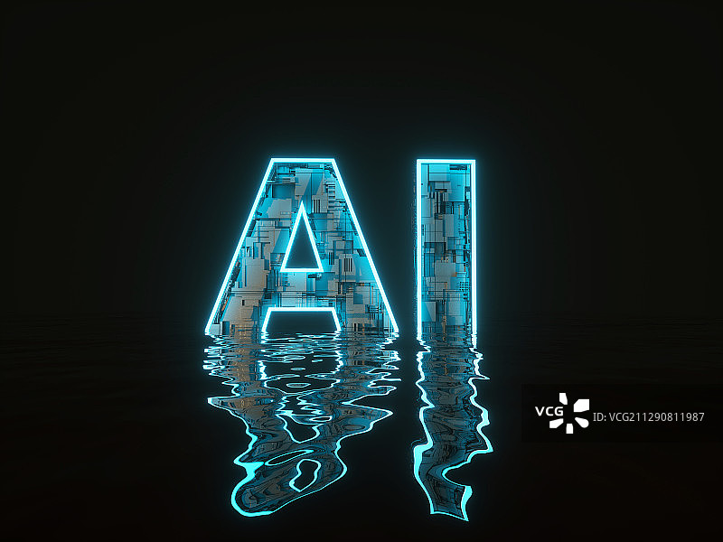 三维渲染浮在水面上的AI发光文字图片素材