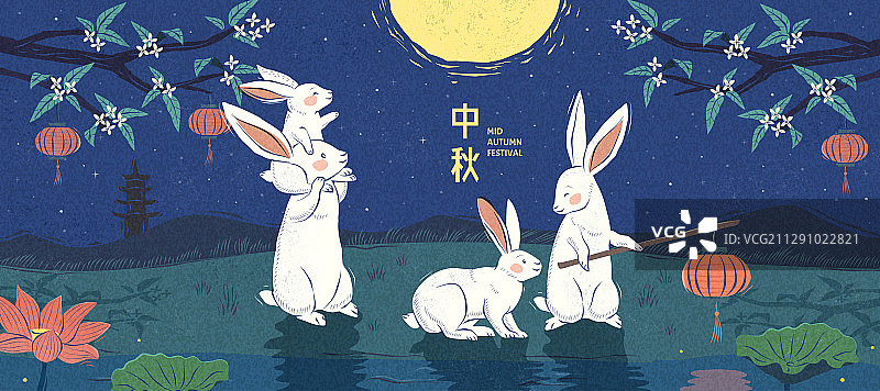 中秋节玉兔团圆手绘横幅图片素材