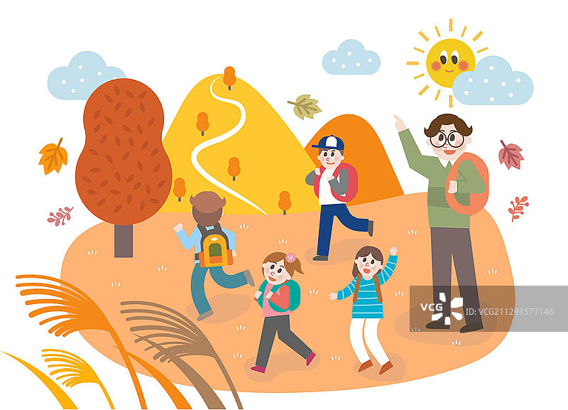 矢量插图的孩子在野外旅行在秋天图片素材