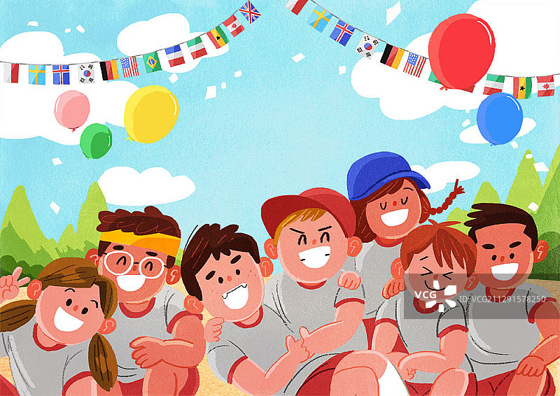 风景插图的七个孩子微笑与气球和世界的旗帜在运动日图片素材