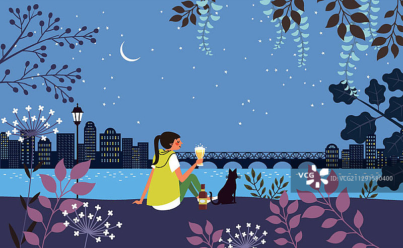 矢量插图的女人喝啤酒与猫在河边与城市的观点图片素材