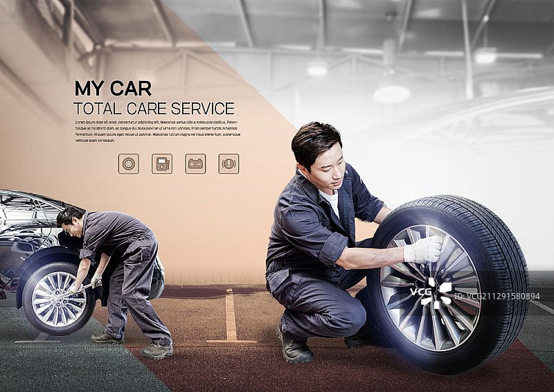 人清洁修补汽车轮胎的复合材料图片素材
