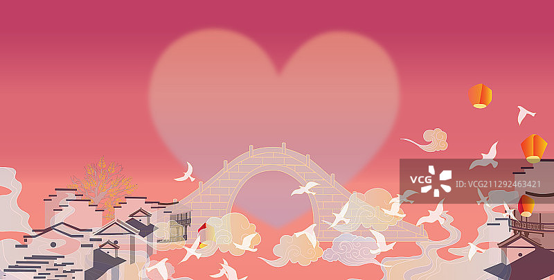 七夕鹊桥孔明灯古建筑背景新中式矢量插画图片素材