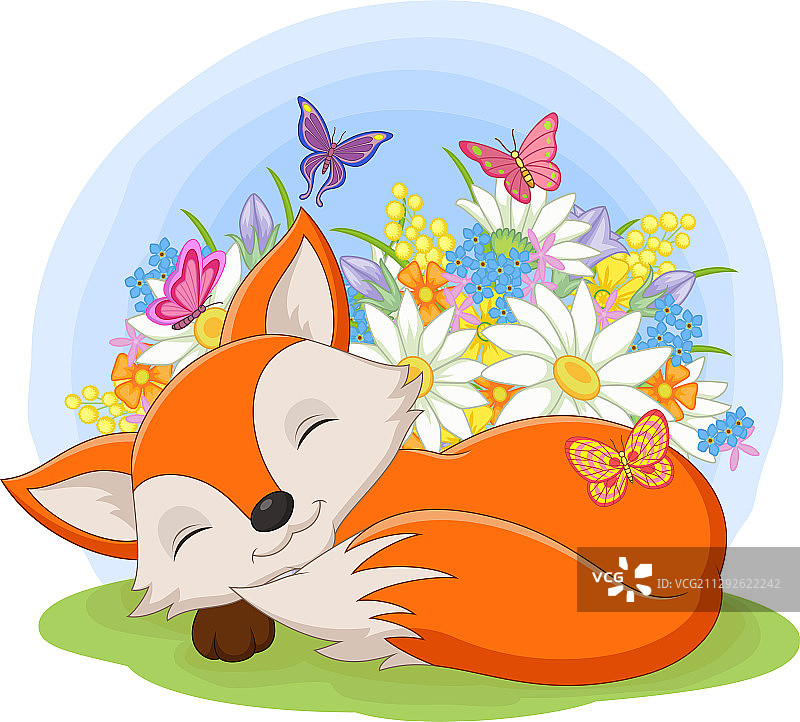 可爱的狐狸睡在草地上图片素材