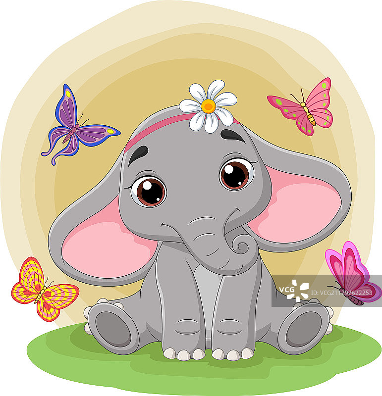 可爱的大象坐在草地上图片素材
