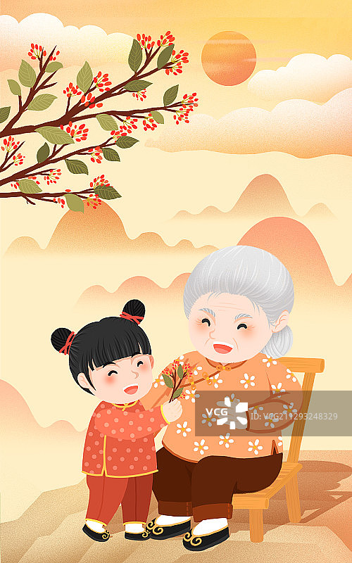 重阳节孙女和奶奶登高采茱萸图片素材