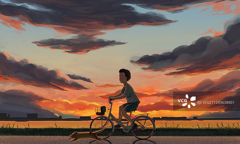 傍晚骑自行车的男孩图片素材