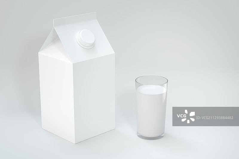 牛奶盒子与旁边的一杯牛奶 3D渲染图片素材