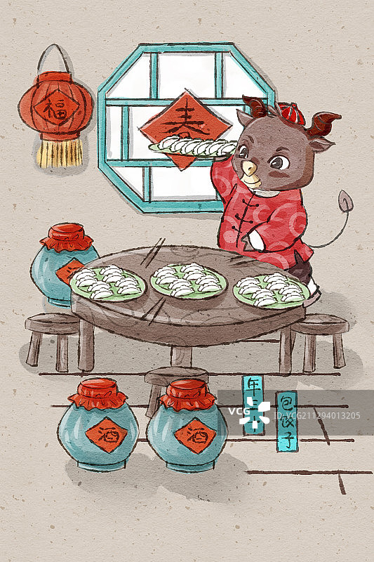 十二生肖牛年中国风春节民俗系列之年三十包饺子图片素材