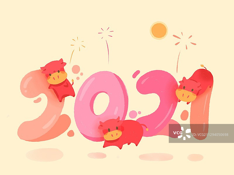 牛年2021新年粉红过年贺图插画图片素材