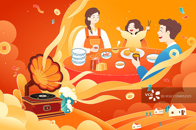 中秋节家人团圆吃饭新年传统节日活动留声机电商中国风矢量插画图片素材